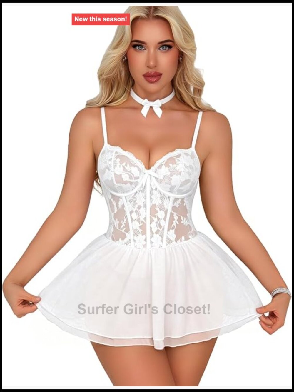 Womens Lace Mesh Babydoll Lingerie Set Underwire Corset with Thong Choker